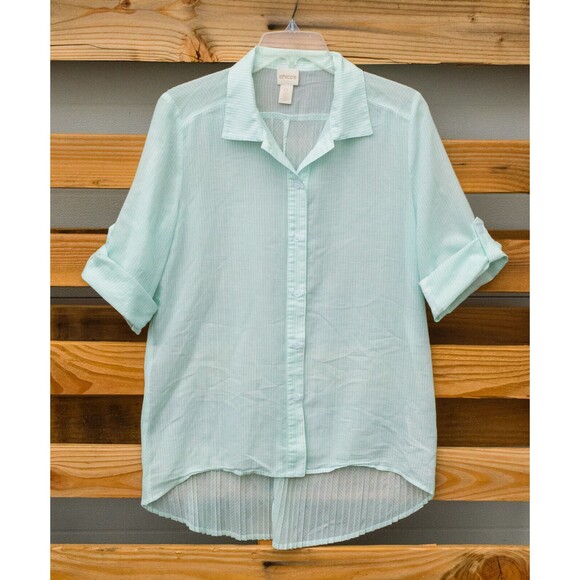 Chico's Tops - Chico's Mint Stripe Button Up Roll Sleeve Pleated Long Tunic Top Blouse Sz 0 (S)